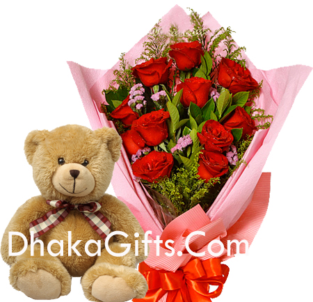 COMBOS :: Flower with Bear :: 12 Red Roses in Bouquet With Cute Teddy Bear