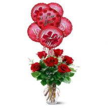 6 red roses vase with 6 pcs myler balloon send to dhaka