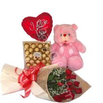 Send 12 Red Roses Bouquet,Pink Bear,Ferrero Rocher Chocolate with I Love U Balloon