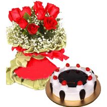 6 Red Roses with Black forest Cake by Tasty Treat Cake