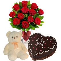 12 Red Roses w/ Small Bear and Cake