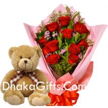 Send to12 Red Roses in Bouquet With Cute Teddy Bear to bangladesh