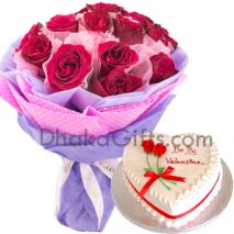 send 12 pcs roses with heart shaped cake by cooper's to bangladesh