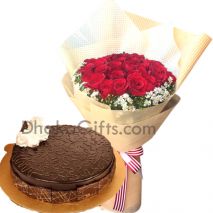 send chocolate coated round cake with roses bouquet to bangladesh