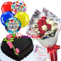 send 12 pcs roses in bouquet, 5 pcs balloon with cake to dhaka
