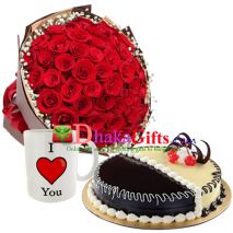 send 36 red roses bouquet,mug with cake to dhaka