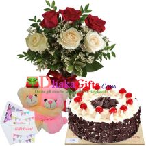 send 6 pcs roses in vase, joint bear with cake to dhaka