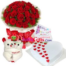 send three dozen red roses bouquet with joint bear, cake to dhaka