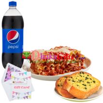 lasagna with garlic bread and pepsi  send to dhaka