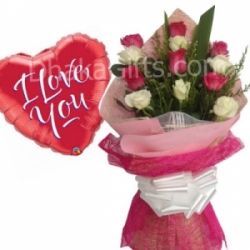 Send 12 Red & White color Roses in Bouquet with 1 I Love You Balloon to Dhaka in Bangladesh