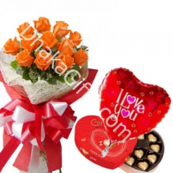 Send 12 Orange Roses Bouquet,Heart Ferrero with Balloon to Dhaka