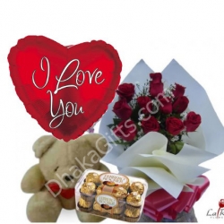 Send 12 Red Roses Bouquet,Brown Bear,Ferrero Rocher Chocolate with I Love U Balloon