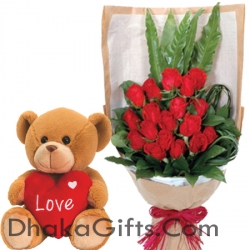 24 Red Roses in Bouquet with love teddy Bear