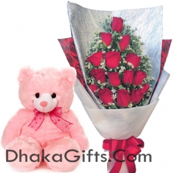 12 Red Roses & Lovely Teddy Bear