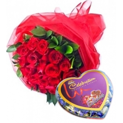 send eclairs chocolate in heart shape box with red roses to bangladesh