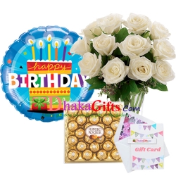 send one dozen white roses in vase, balloon with chocolates to dhaka