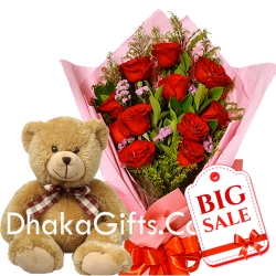 Send to12 Red Roses in Bouquet With Cute Teddy Bear to bangladesh