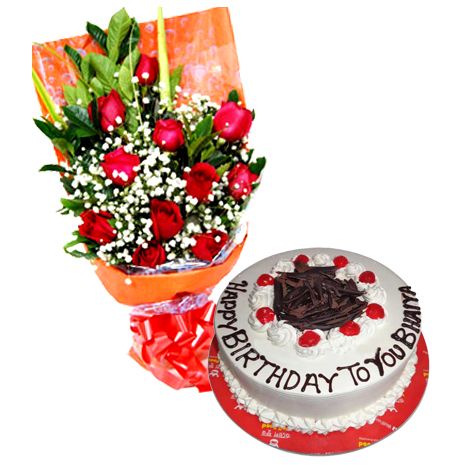 12 Red Roses with Black Forest Cake by Well Food
