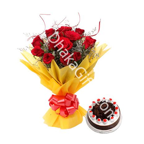 Send 12 Red Roses in Bouquet with Chocolate Cake to Dhaka in Bangladesh