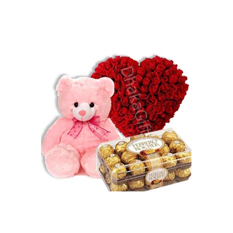 50 Red Roses,Pink Bear with Ferrero Rocher Chocolate Box