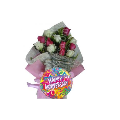 send 12 red and white roses with balloon to dhaka in bangladesh