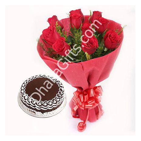 Res Roses Bouquet with Cake to Dhaka