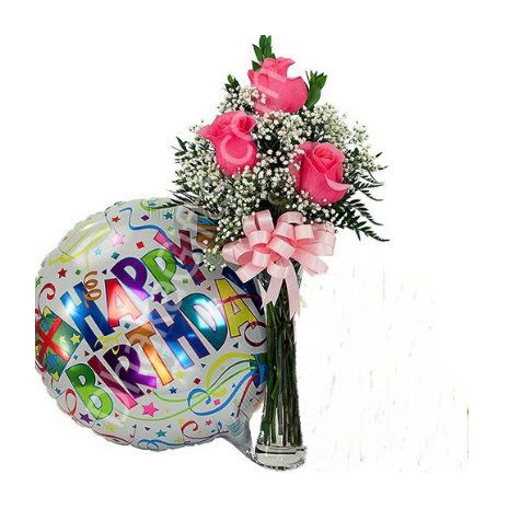 send to 3 pink roses in free vase with happy birthday balloon​ to dhaka