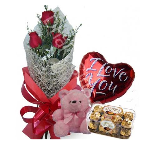Send 3 Red Roses Bouquet,Pink Bear,Ferrero Rocher Chocolate with I Love U Balloon