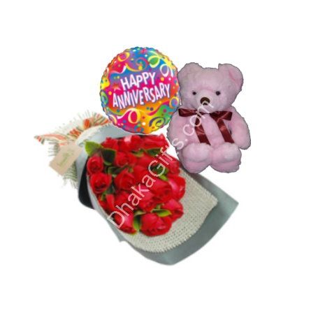 Send to 24 Red Roses in Bouquet,Pink Bear with Anniversary Balloon to Dhaka