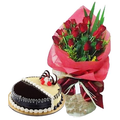 12 Red Roses with Chocolate & Vanilla Mix Cake Cake by Tasty Treat
