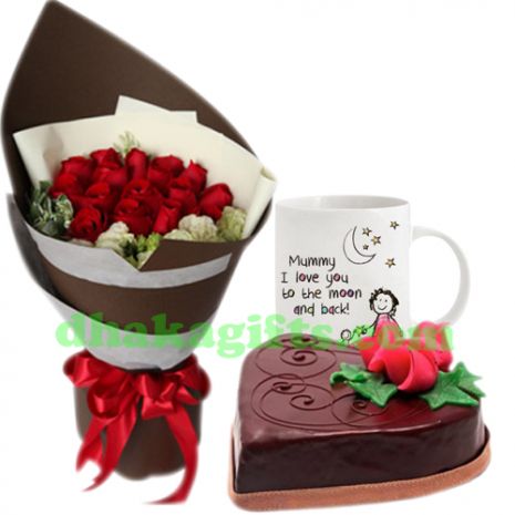 send 12 roses with chocolate cake & decorated mug to dhaka