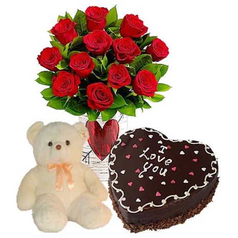 12 Red Roses w/ Small Bear and Cake