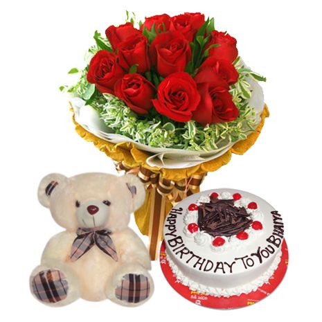 Small Teddy with 12 Red Roses and Cake by Well Food