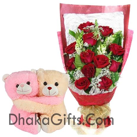 12 Roses & Seasonal Flower With Lovely Medium Teddy Bear