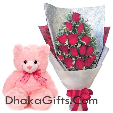 12 Red Roses & Lovely Teddy Bear
