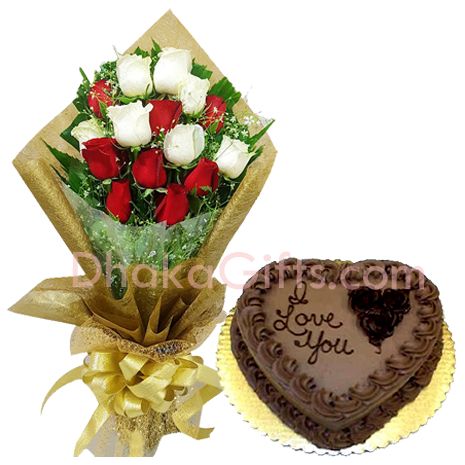 send roses bouquet with heart shaped cake in Bangladesh