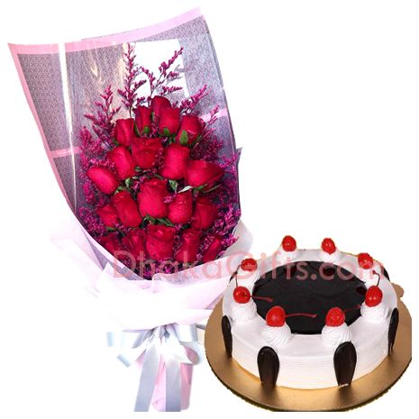 send black forest round cake with red roses bouquet to bangladesh
