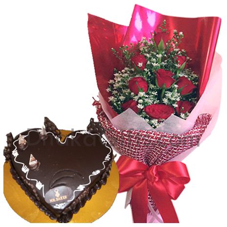 send mr maker chocolate heart cake with roses to bangladesh