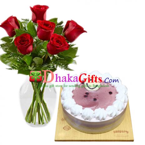 send roses in a vase with blueberry round cake to dhaka