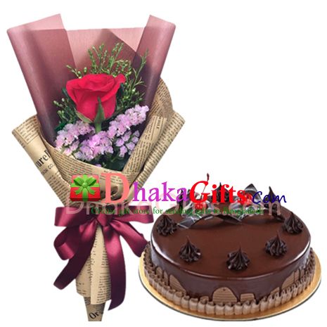send chocolate round cake with rose bouquet to bangladesh