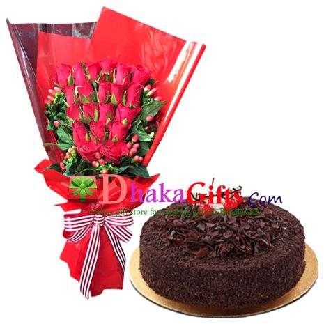 send chocolate lady round cake with roses bouquet to bangladesh