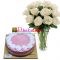 send white roses in vase with pink lemonade cake to dhaka